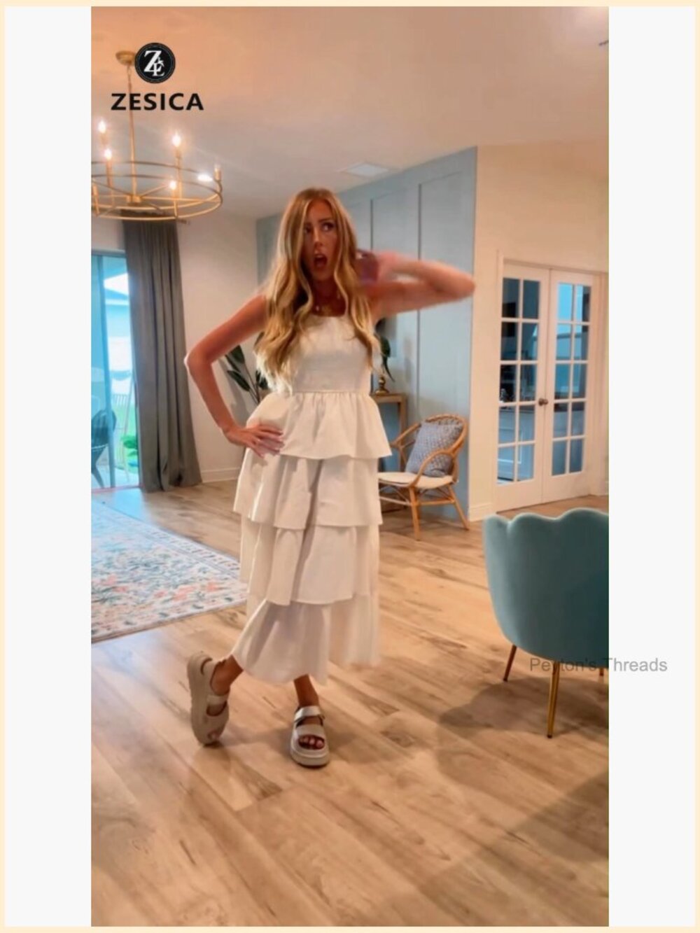 Sleeveless Midi Dress Scoop Neck Ruffle Tiered Swing Beach Vacation Dress - Picture 7 of 7